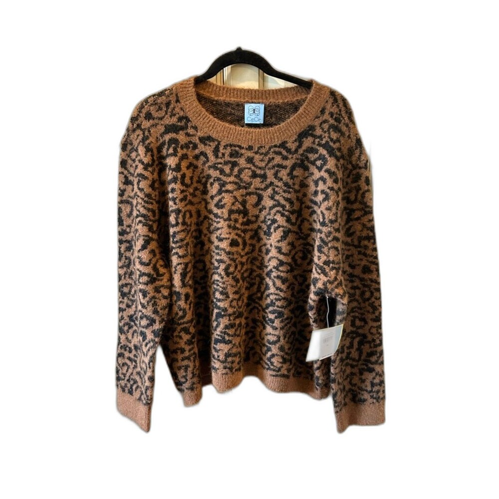 CeCe Brown and Black Leopard Print Crewneck Sweater - Size XL - NWT